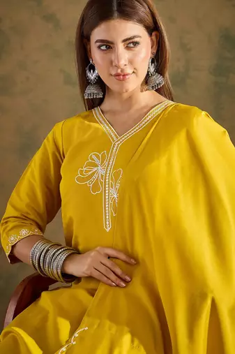Yellow women kurta pant dupatta set