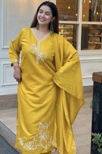 Yellow women kurta pant dupatta set