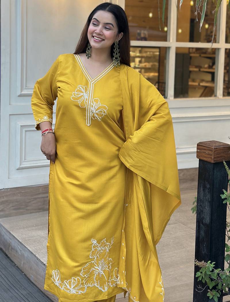 Yellow women kurta pant dupatta set