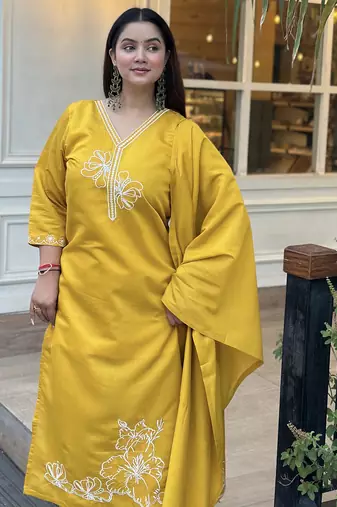 Yellow women kurta pant dupatta set