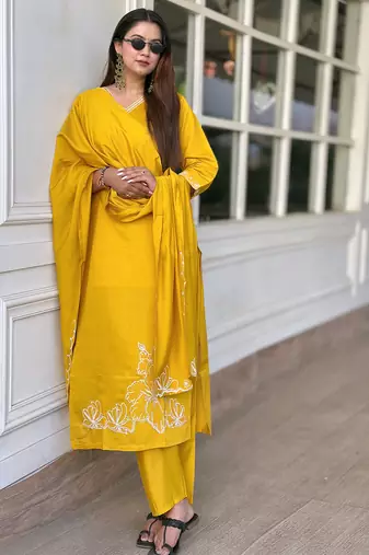 Yellow women kurta pant dupatta set
