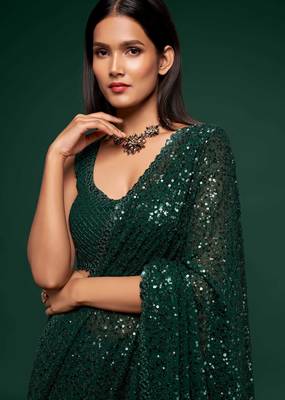 Dark green georgette saree with thread & multiple sequins embroidery 4