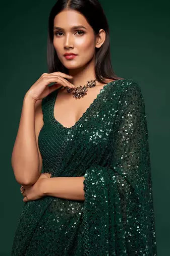 Dark green georgette saree with thread & multiple sequins embroidery