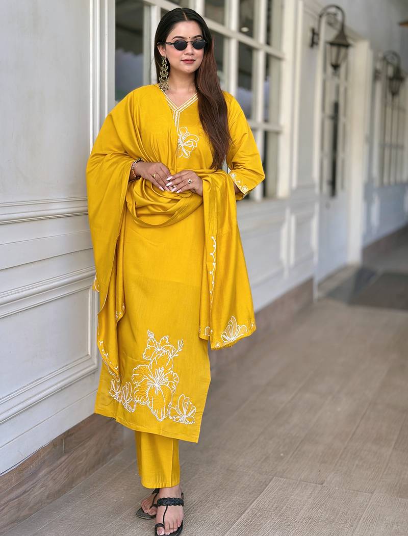 Yellow women kurta pant dupatta set