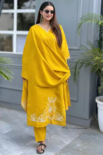Yellow women kurta pant dupatta set
