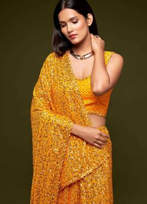 Yellow georgette saree with thread & multiple sequins embroidery 5