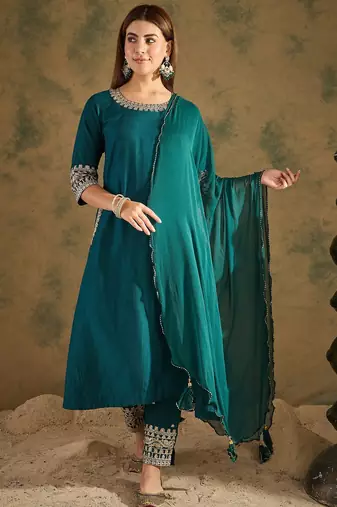 Teal women kurta pant dupatta set