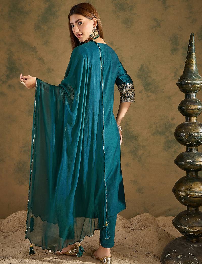 Teal women kurta pant dupatta set