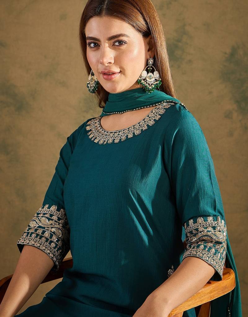 Teal women kurta pant dupatta set