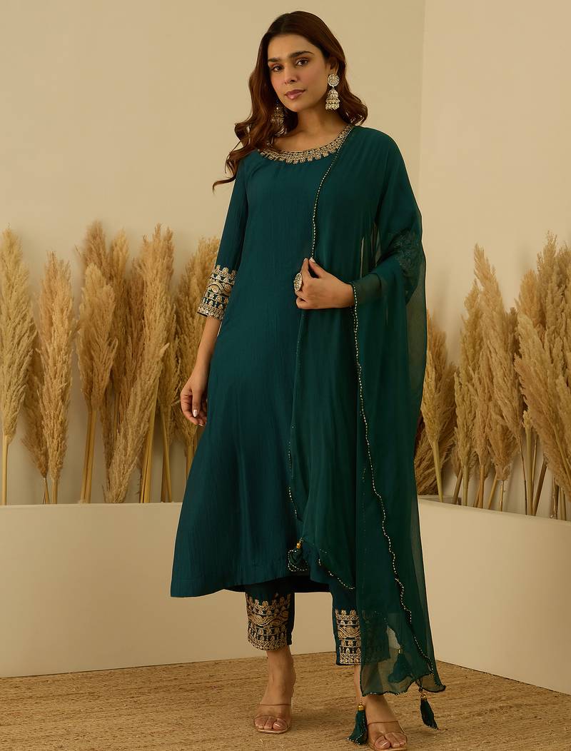 Teal women kurta pant dupatta set
