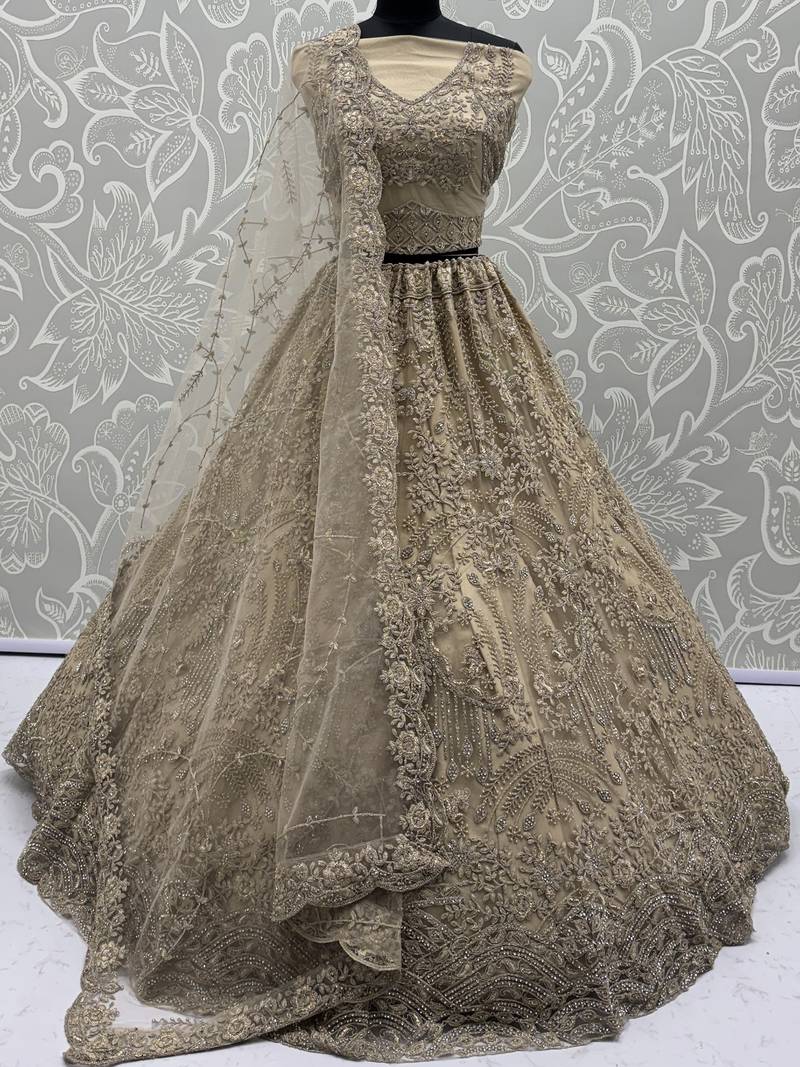  golden thread embroidered net lehenga set choli with dupatta