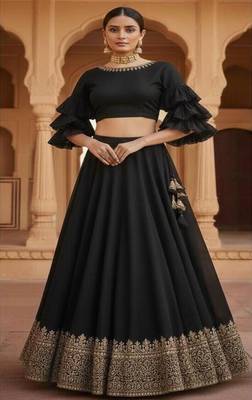 Black Lehenga with Ruffled Sleeve crop top Blouse 1