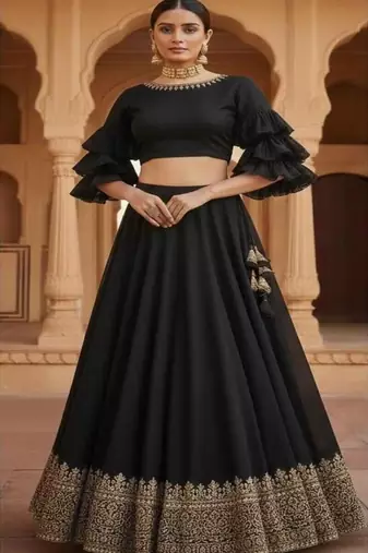 Black Lehenga with Ruffled Sleeve crop top Blouse