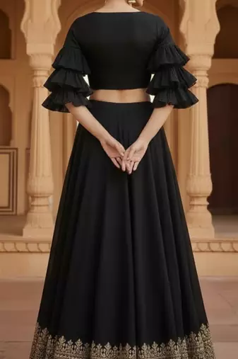 Black Lehenga with Ruffled Sleeve crop top Blouse