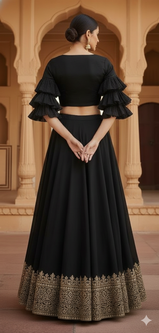 Black Lehenga with Ruffled Sleeve crop top Blouse