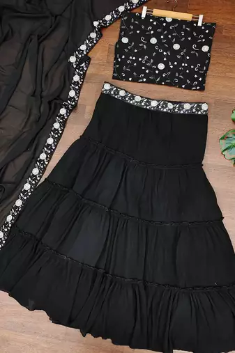 Midnight Black Tiered Georgette Lehenga Choli Set