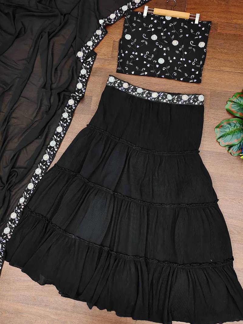 black georgette party lehenga with embroidered choli