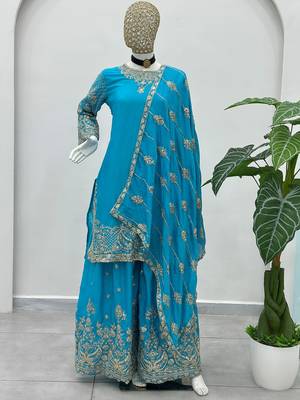 Sky Blue Embroidered Chinon Palazzo Suit 6