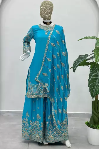 Sky Blue Embroidered Chinon Palazzo Suit