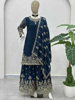 Blue Zari Embroidered Chinon Palazzo Suit 6