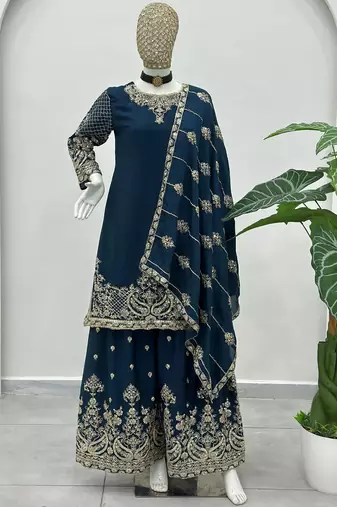 Blue Zari Embroidered Chinon Palazzo Suit