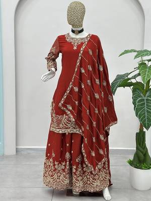 Red Zari Embroidered Chinon Festive Wear Palazzo Suit 5