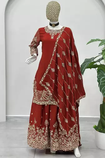 Red Zari Embroidered Chinon Festive Wear Palazzo Suit