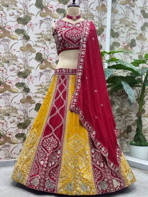 red silk sequins embroidered lehenga set choli with dupatta 8