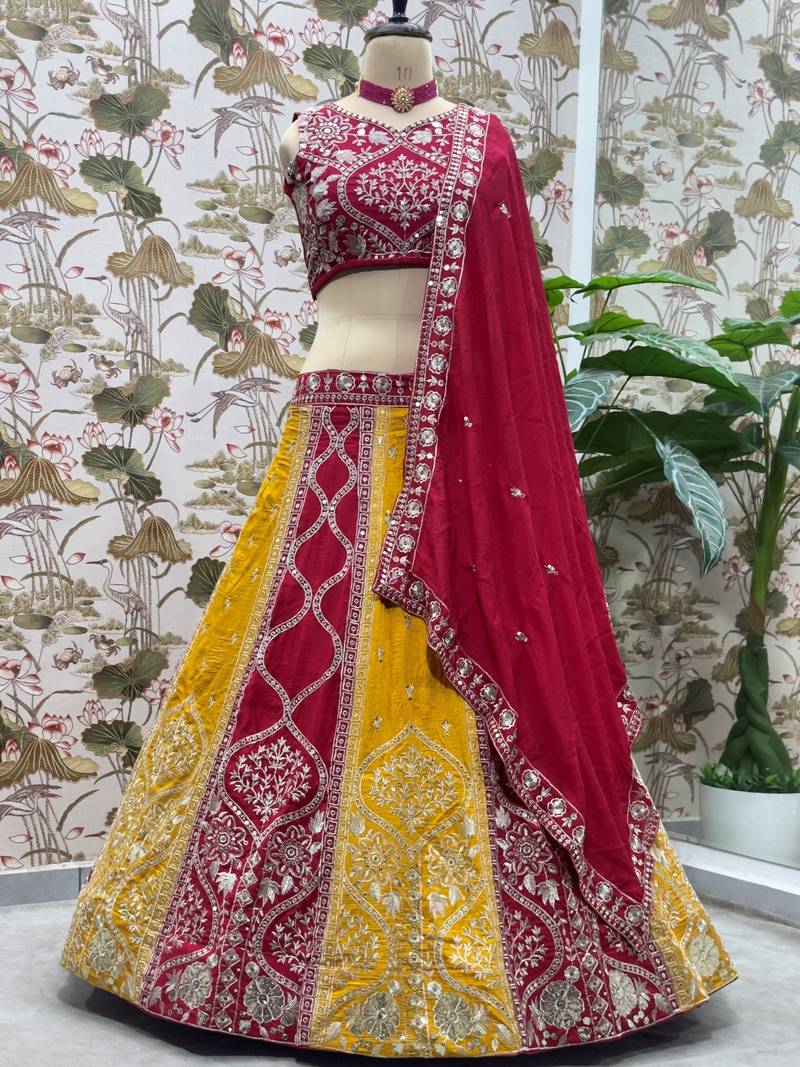 red silk sequins embroidered lehenga set choli with dupatta