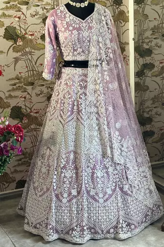 Lavender Embroidered Net Lehenga Choli Set