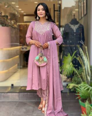 onion pink embroidered chinnon kurti set with viscose bottom & dupatta 1
