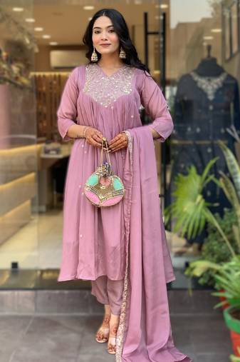 onion pink embroidered chinnon kurti set with viscose bottom & dupatta