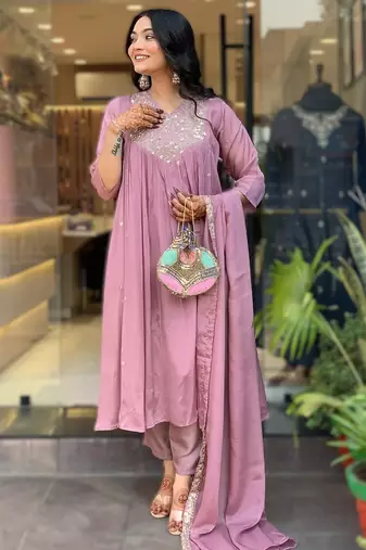 onion pink embroidered chinnon kurti set with viscose bottom & dupatta