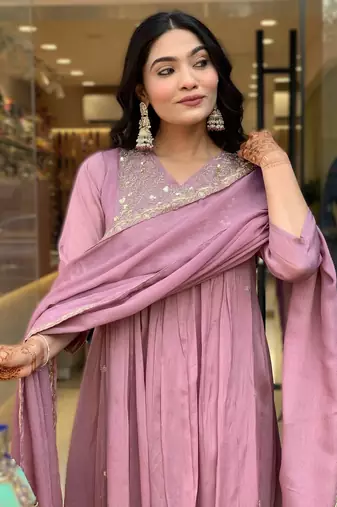 onion pink embroidered chinnon kurti set with viscose bottom & dupatta