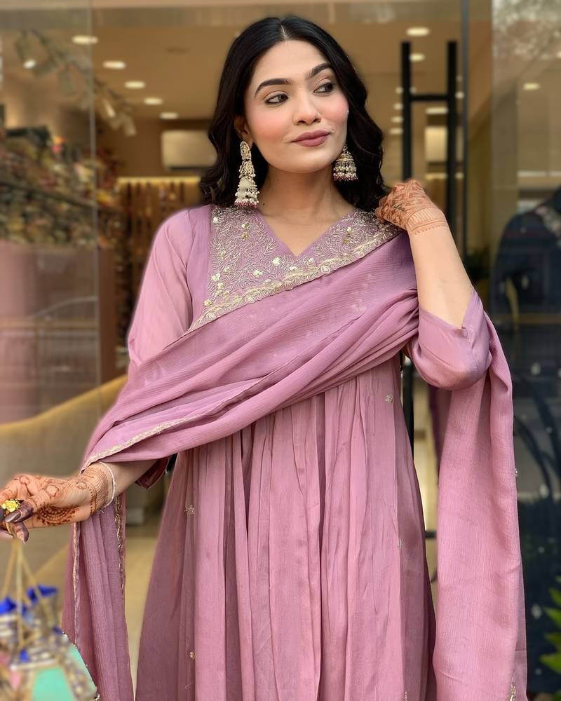onion pink embroidered chinnon kurti set with viscose bottom & dupatta