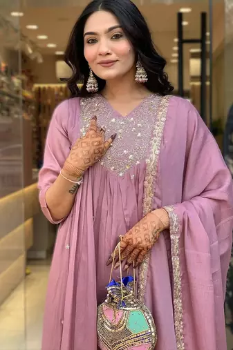 onion pink embroidered chinnon kurti set with viscose bottom & dupatta