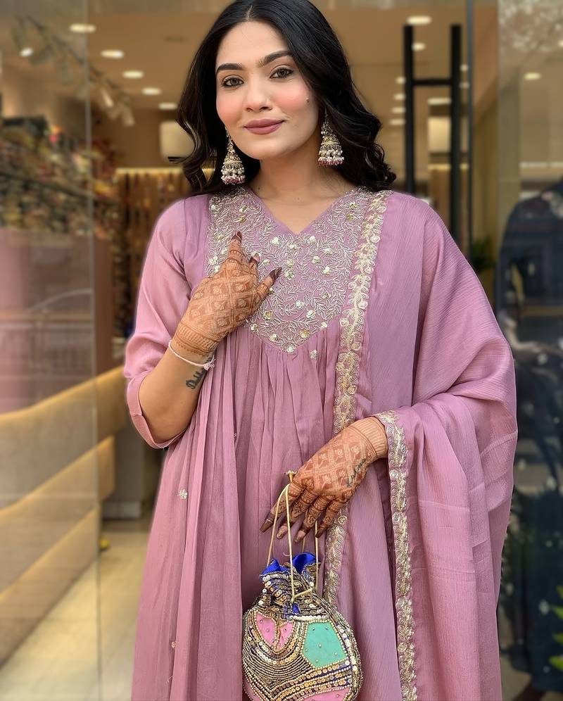 onion pink embroidered chinnon kurti set with viscose bottom & dupatta