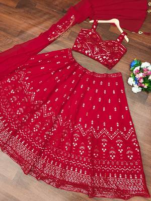 Vibrant Crimson Red Sequin Embellished Lehenga Set 6