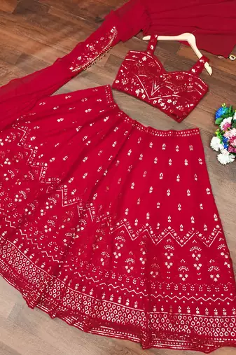 Vibrant Crimson Red Sequin Embellished Lehenga Set