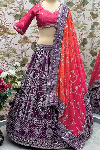 Purple and Pink Embroidered Silk Lehenga Choli