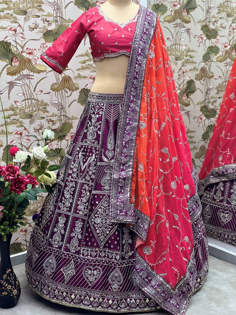 Purple and Pink Embroidered Silk Lehenga Choli