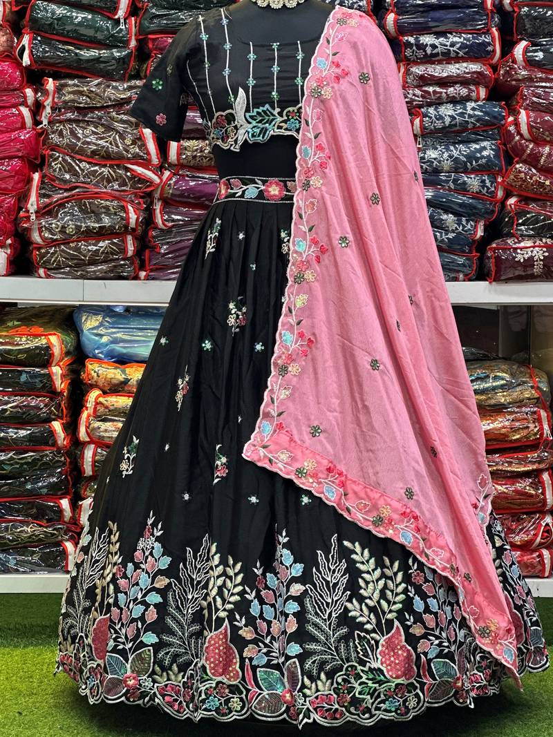 Elegant Floral Embroidered Black Lehenga Choli