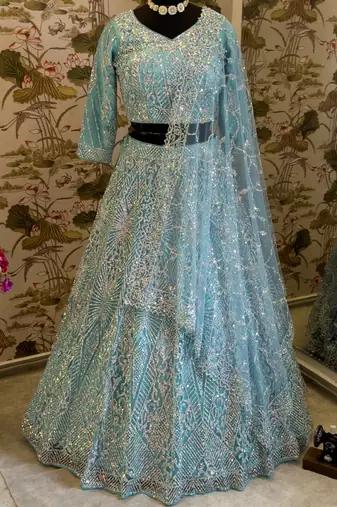 Sea Green Embroidered Net Lehenga Choli