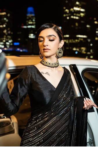 Black Color Shimmering Sequins Georgette Saree