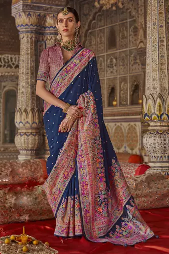 Navy blue silk printed saree with unstitched blouse piece