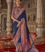 Navy blue silk printed saree with unstitched blouse piece
