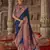 Navy blue silk blend printed saree with unstitched blouse piece