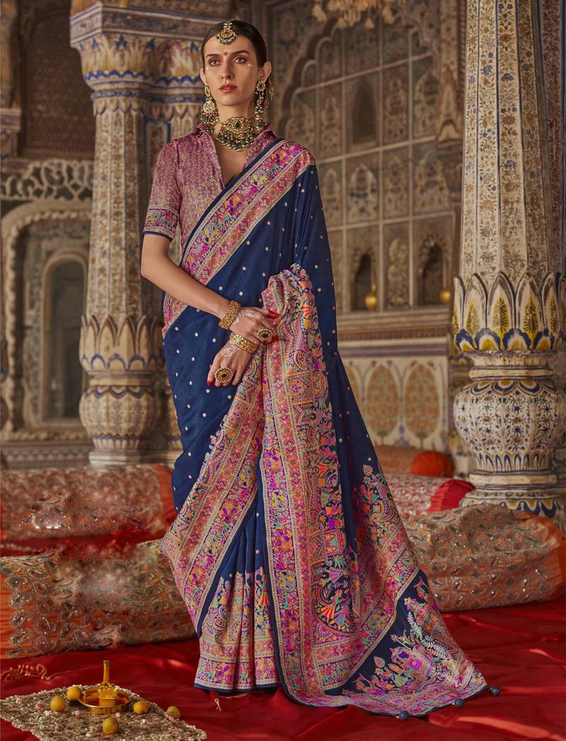 Navy blue silk printed saree with unstitched blouse piece