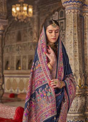 Navy blue silk blend printed saree with unstitched blouse piece 2