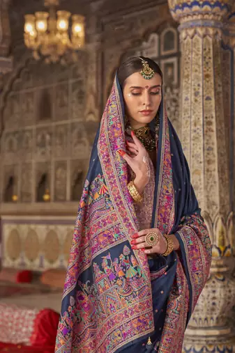 Navy blue silk blend printed saree with unstitched blouse piece